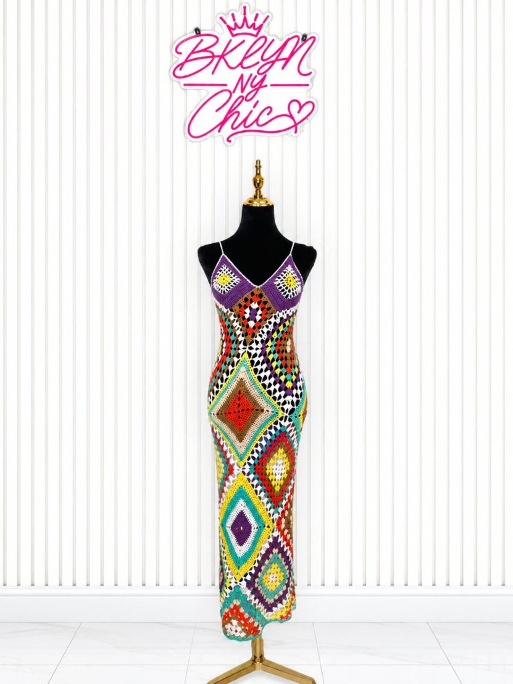 Multicolor Crochet Diamond Maxi Dress – Size Large